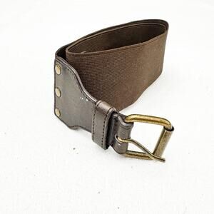 Lafayette 148 Brown Stretch Belt Leather Tabs Brass Buckles Size L